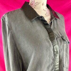 Calvin Klein Jeans Faux Leather Collar Button Up XL Gray Black‎ Minimalist Top